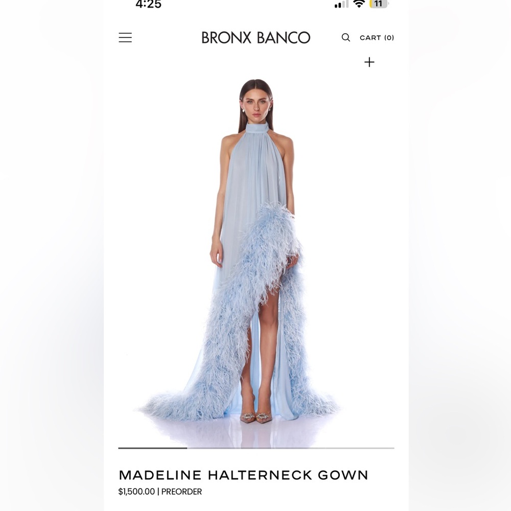 Bronx and Banco Sky Blue Halter Feather-Trim High-Low Gown - Picture 3 of 4